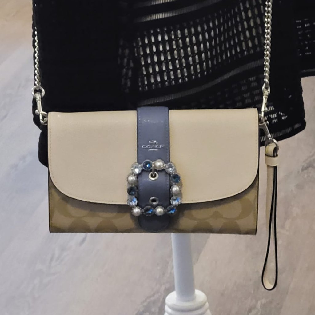 Coach Beige, Blue And Tan Embellished Crossbody Bag